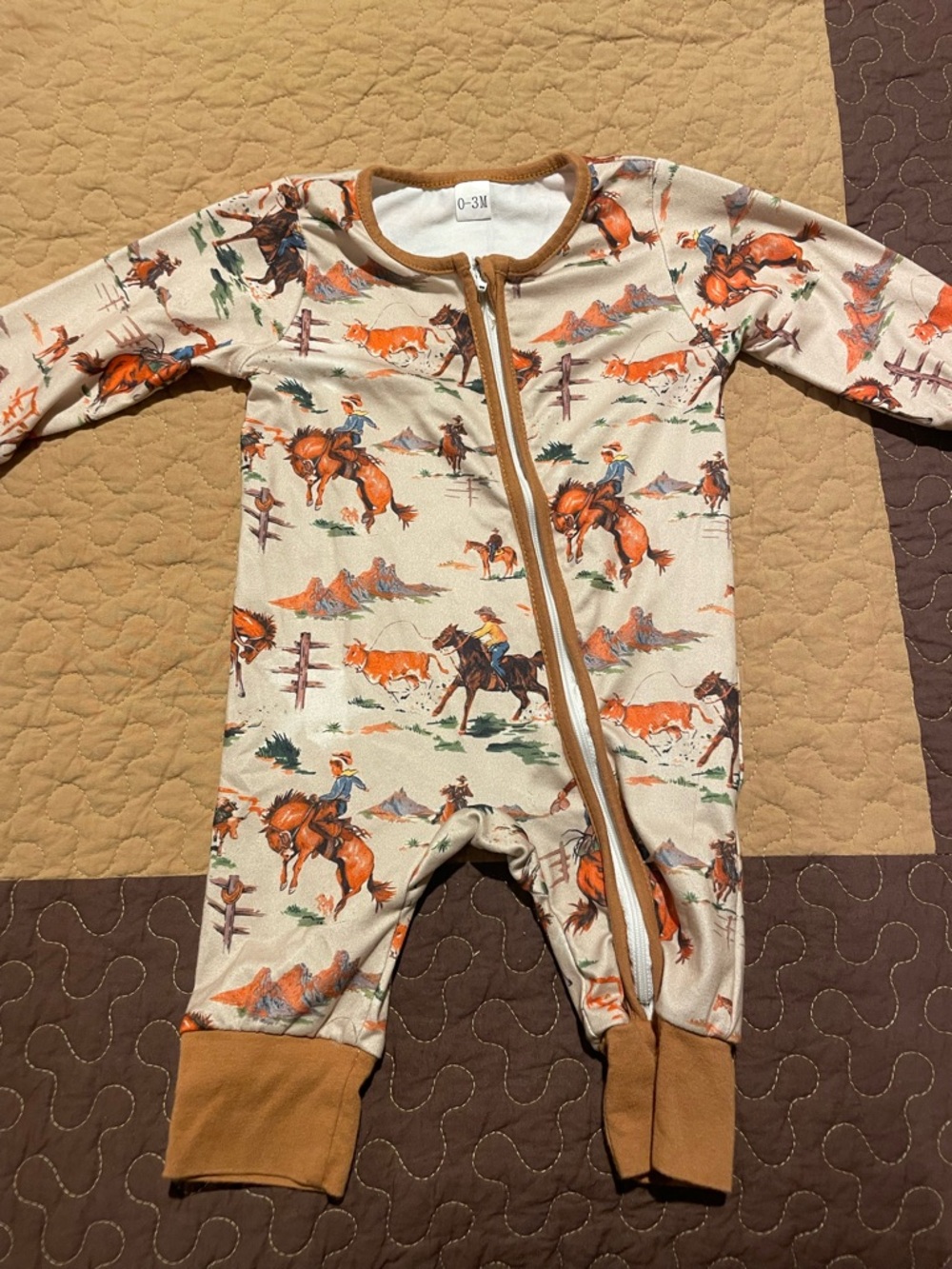 Cowboy Print Kids One-Piece Sleeper - Beige and Brown